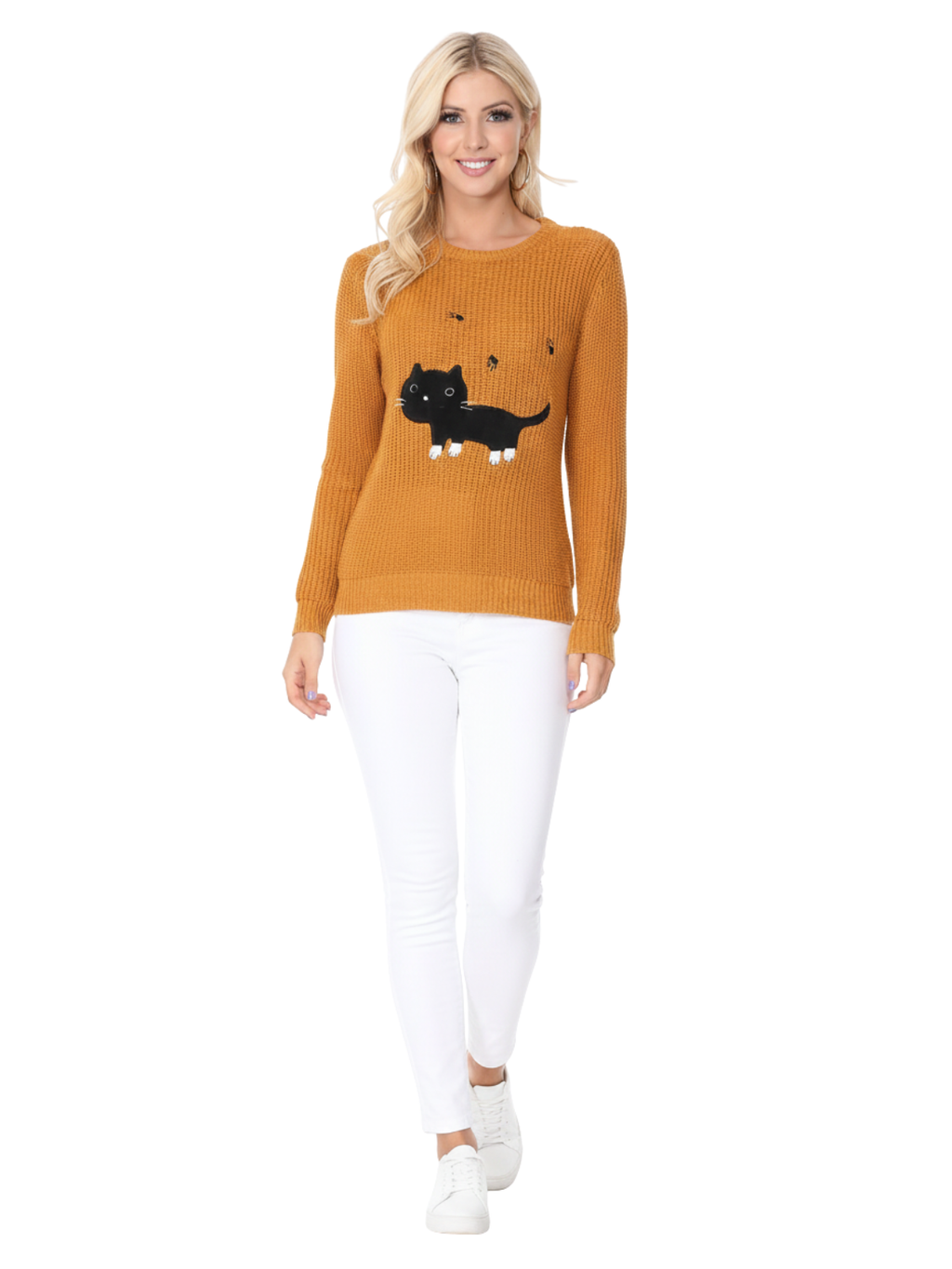 Crewneck BLACK Cat Applique Knit Pullover Sweater MK8207