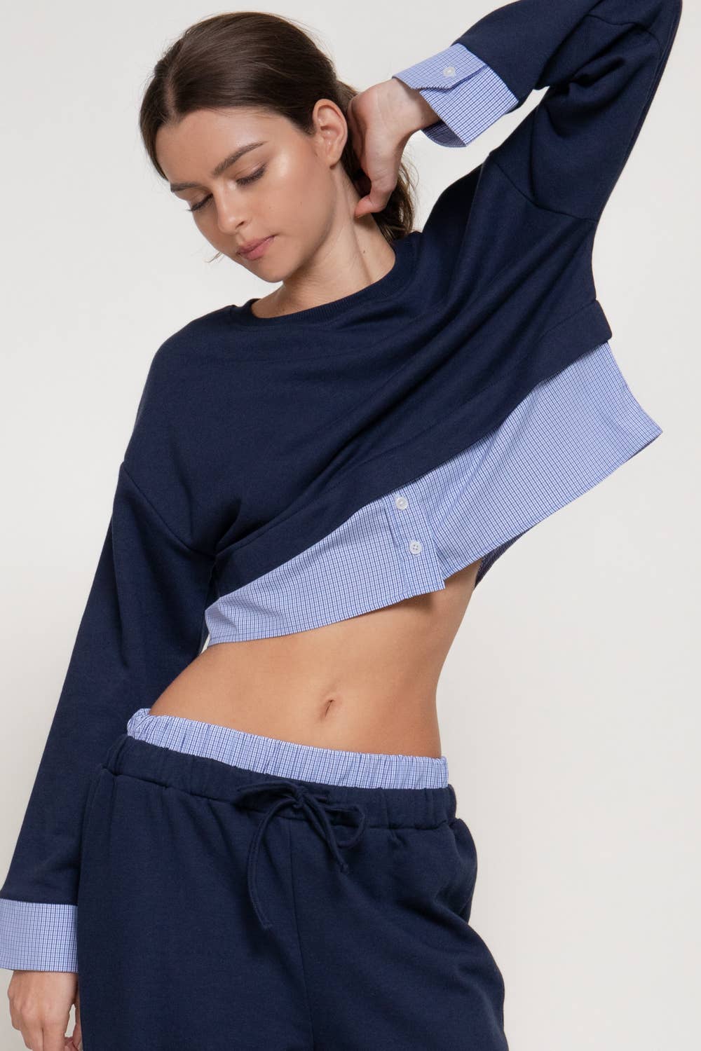 Long Sleeve Sweatshirt with Contrasting Check Panel