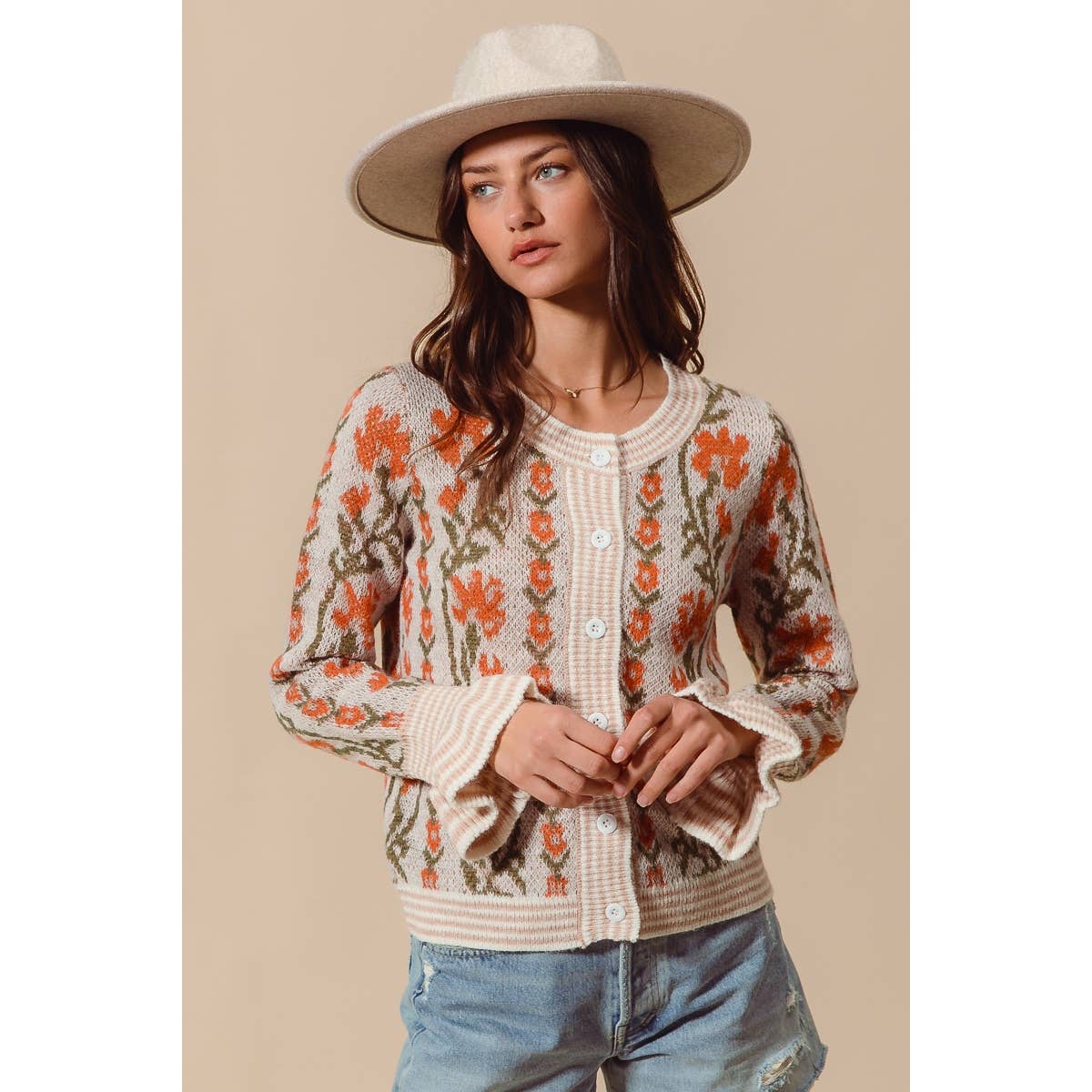 FLORAL INTARSIA BUTTON UP SWEATER CARDIGAN