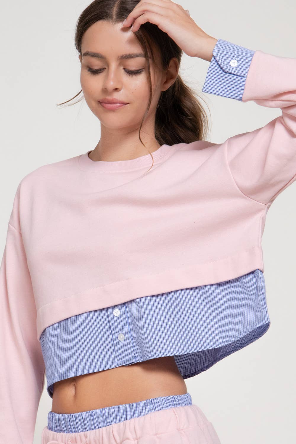 Long Sleeve Sweatshirt with Contrasting Check Panel