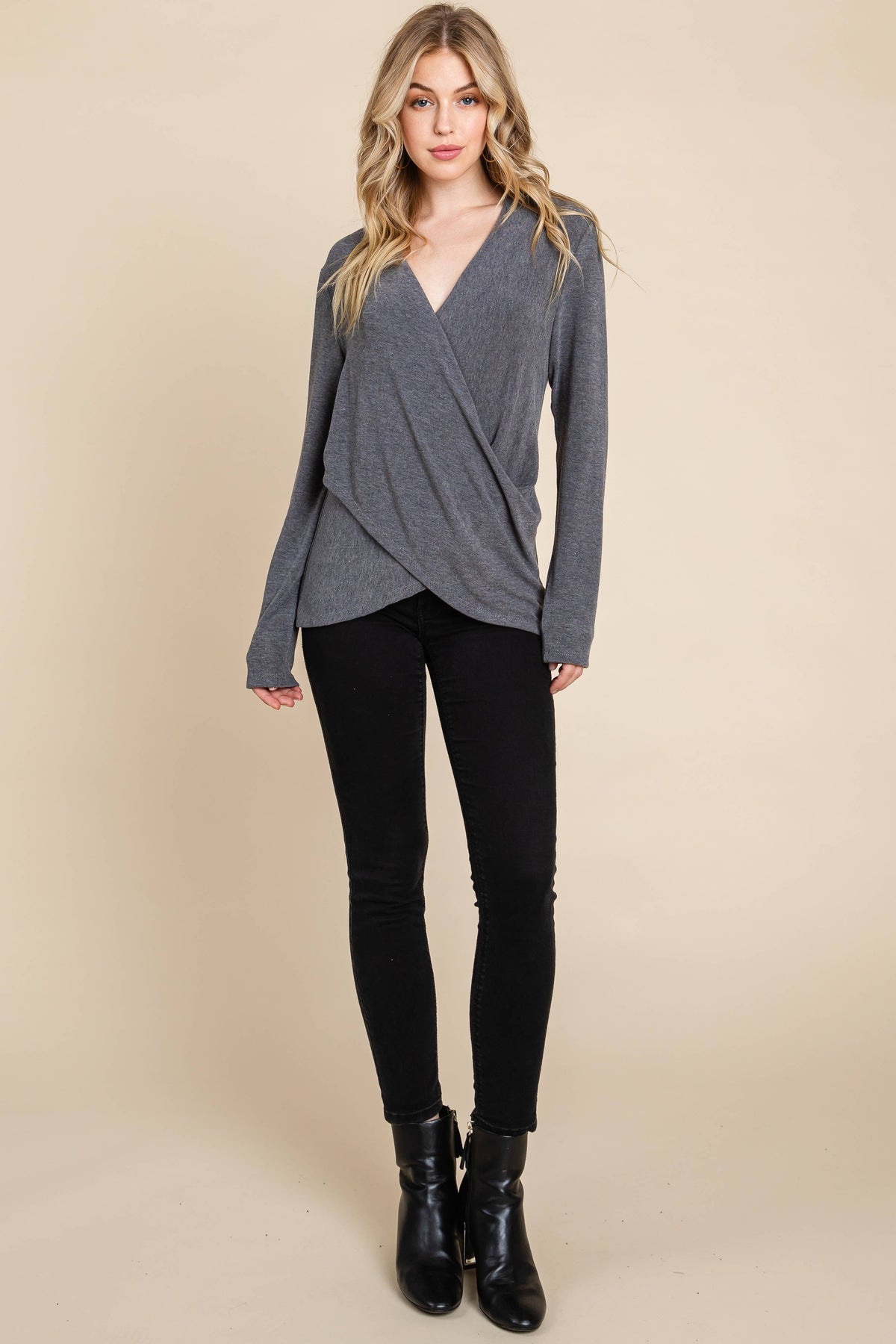 Plus Size Solid Wrap V-Neck Casual Top