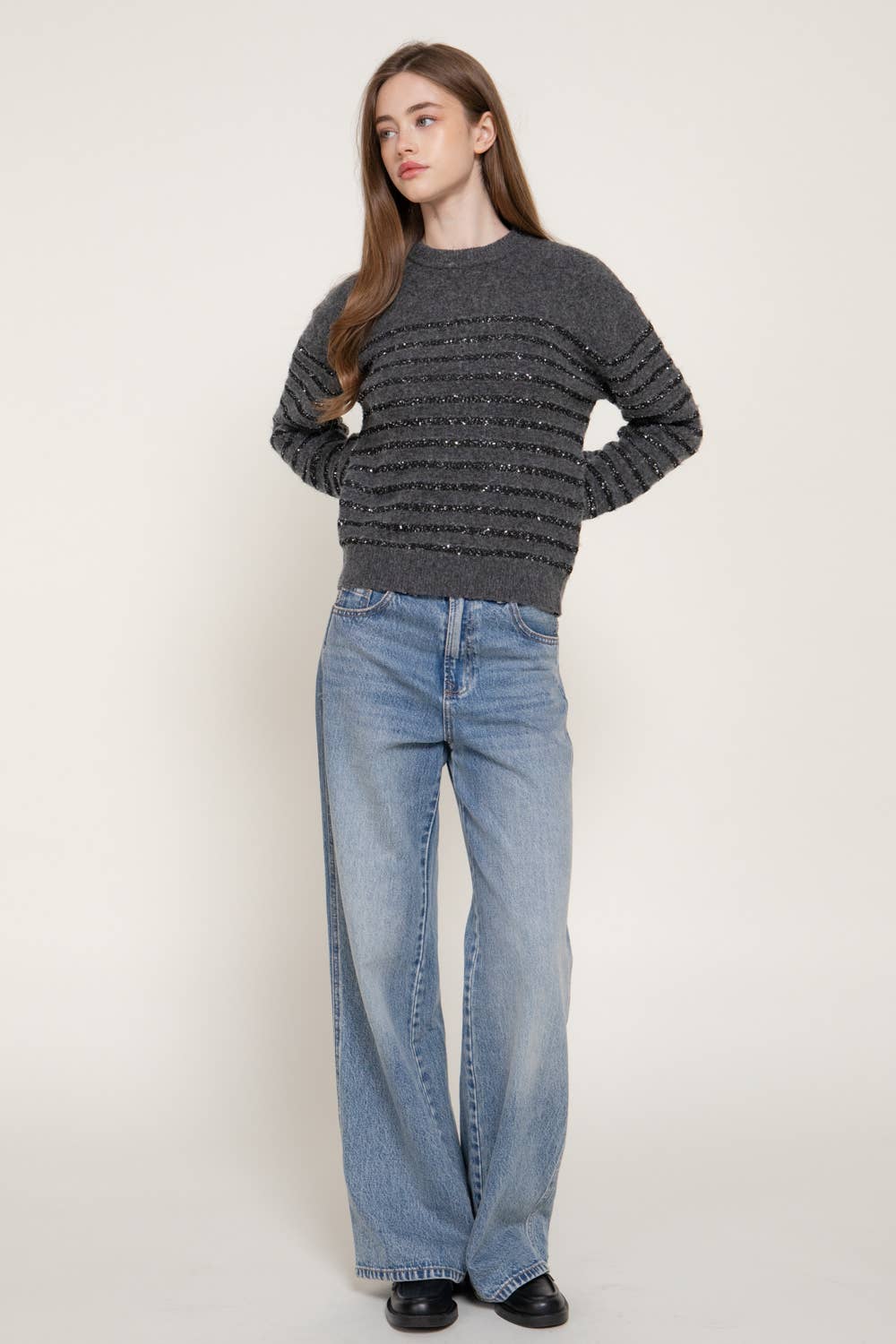 Long Sleeve Crew Neck Striped Sequins Sweater