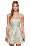 LUXURY FLORAL JACQUARD FLARE MINI DRESS